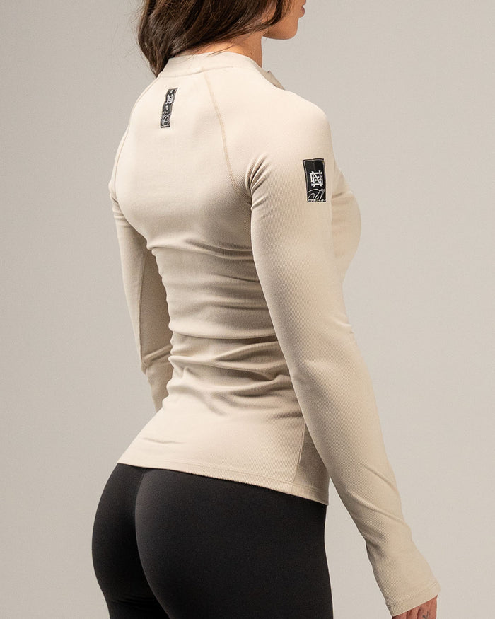 WOMENS RIBBED HENLEY - TAN